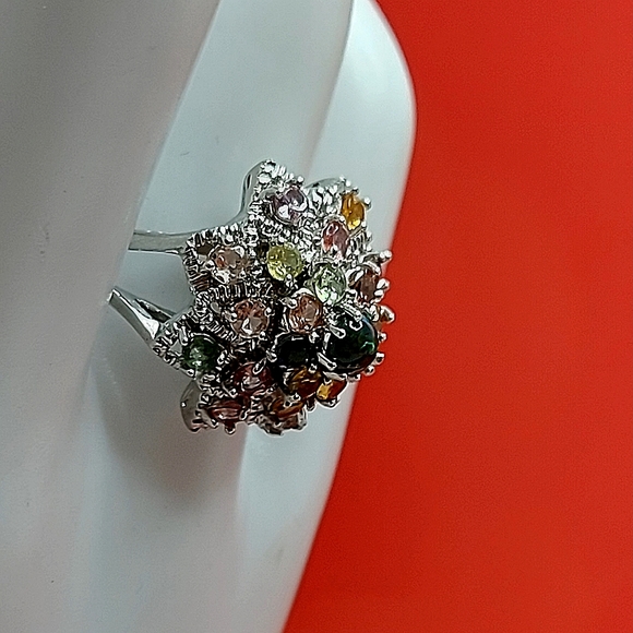 Natural Fire Opal & Tourmaline 925 Sterling Silver Ring Sz 7.5 - Picture 2 of 14